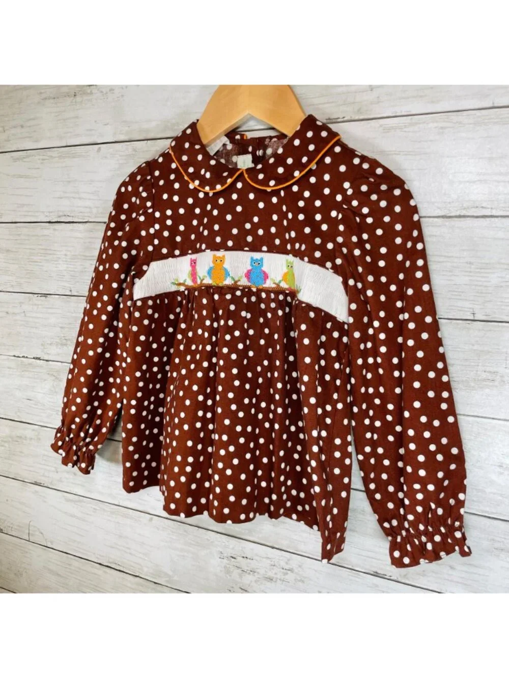 Girls Owl Embroidered Long Sleeve Smocked + Ruffle Pants Matching Outfit Set 5